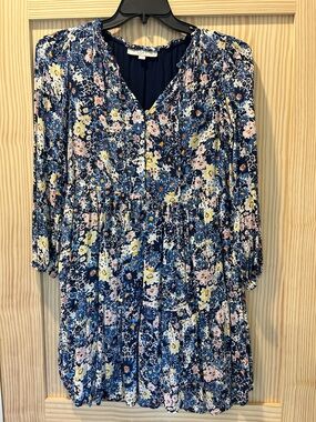 LOFT Navy Blue Floral Tiered V-Neck Long Sleeve Dress